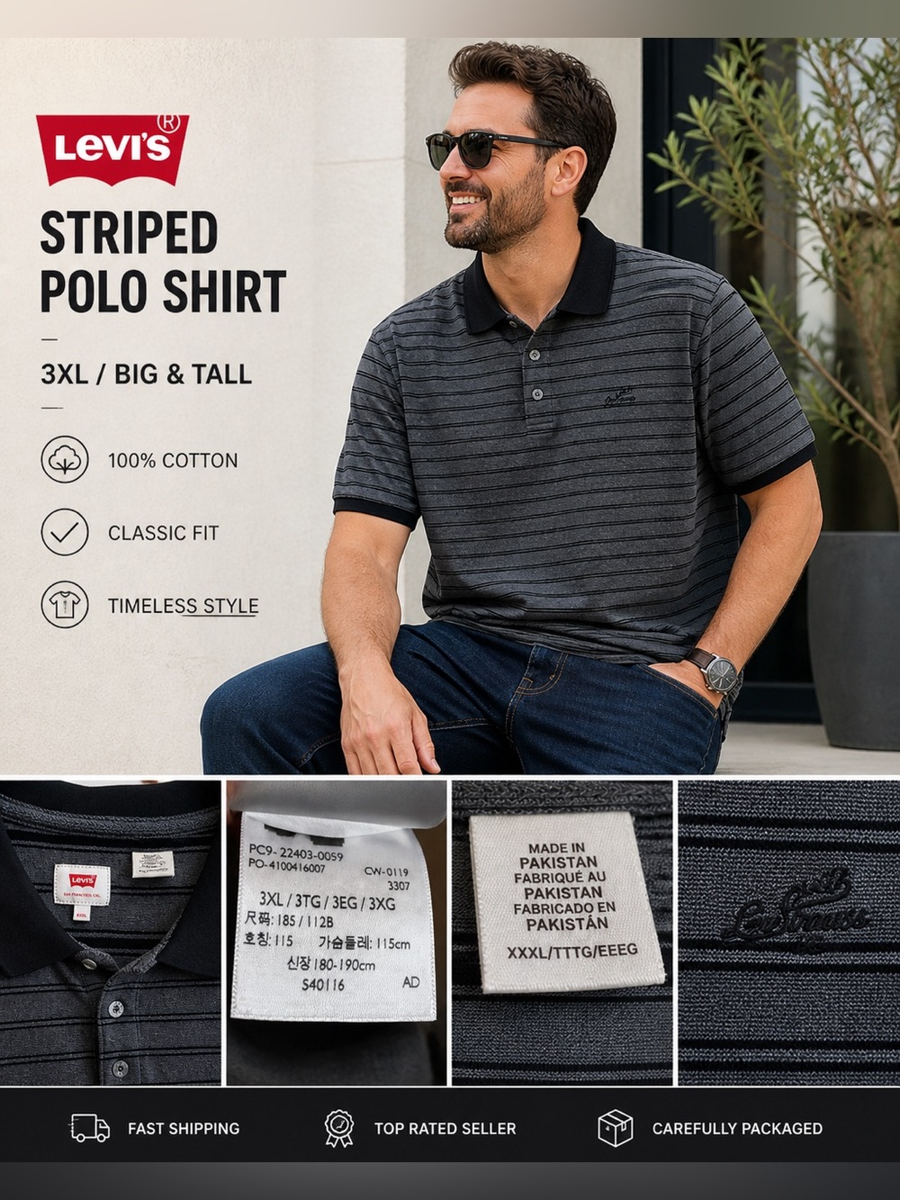 Levi’s Striped Polo Shirt 3XL Gray Black Big & Tall Cotton Logo Casual Classic